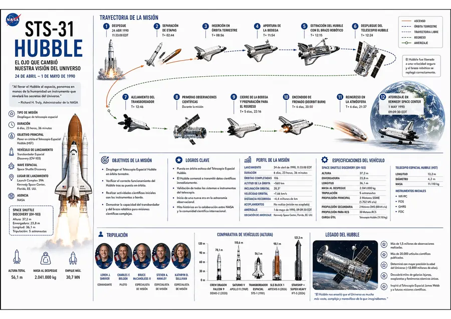Infografía de la misión STS-31 Hubble